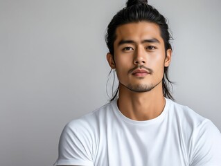 Fototapeta premium A man with long hair and a white shirt is looking at the camera