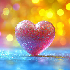 Obraz premium Pink love heart with bokeh lights effect, on a bright colorful background