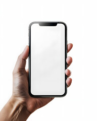 Hand holding a smartphone with a blank screen against a white background