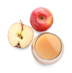 Tasty apple juice and fresh fruits isolated on white, top view