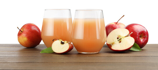 Tasty apple juice and fresh fruits on wooden table against white background