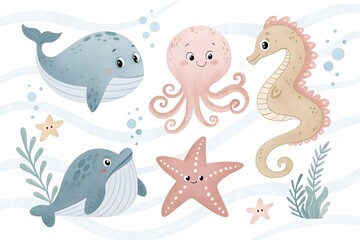 Fototapeta premium A charming collection of six sea creatures, including a smiling whale, exuding cuteness and playful energy