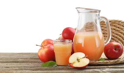 Tasty apple juice and fresh fruits on wooden table against white background