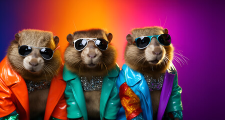 Creative animal concept. Group gang of beaver in sparkly rock punk neon bright colour outfit, copy text space. commercial, editorial advertisement party invitation invite	
