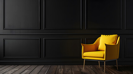 Interior wall mockup featuring a dark-toned aesthetic with a striking yellow armchair against a sleek black wall background. generative ai.