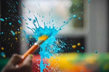 A vibrant and artistic close-up of a brush flicking blue paint, creating dynamic splashes. Perfect for creative concepts, art themes, and design inspirations.