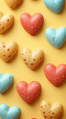 Fototapeta premium Valentines Day card with heart-shaped pattern, on a pastel yellow background