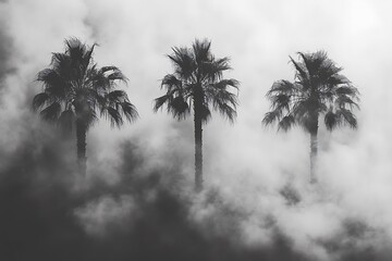 Three Palm Trees Stand Tall In Misty Air