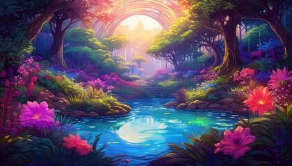 Fototapeta premium Bright flowers bloom by a tranquil river in a magical spring forest.