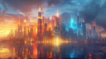 Futuristic Cityscape Reflecting In Calm Waters At Sunset