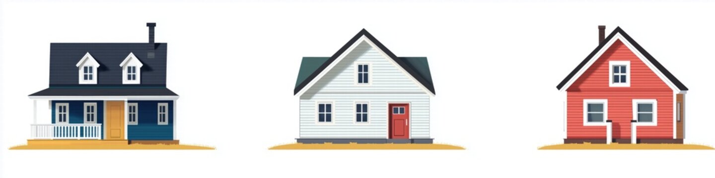 A collection of three distinct Saltbox style house illustrations. The first house is dark blue with a porch, the second is white with a red door, and the third is red with a slanted roof. 