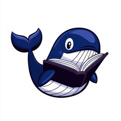Naklejka premium A cheerful cartoon whale reading a book with a playful expression, symbolizing learning and knowledge in a whimsical way.