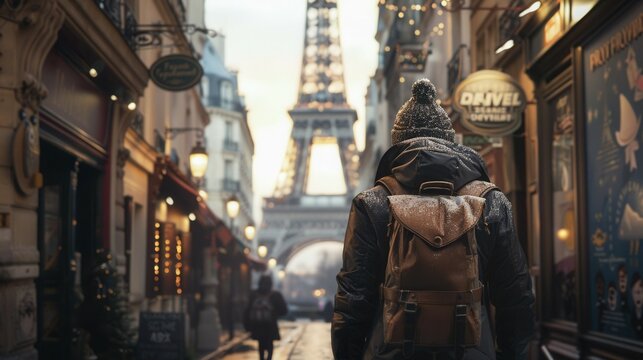 traveler in winter attire walking through a cozy Paris street with the Eiffel Tower in the background, capturing the essence of Parisian charm and adventure