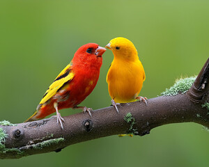 Fototapeta premium Birds perched on a branch with vibrant red and yellow colors on a gentle green backdrop