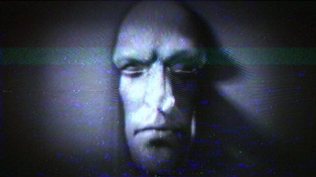 A face emerges from television white noise static with a weak TV signal and noise effects.