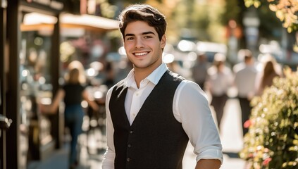 Fototapeta premium Un homme jeune et séduisant aux cheveux bruns, portant un élégant gilet noir sur une chemise blanche, se tenant debout, souriant, sur le trottoir devant un restaurant du centre-ville.
