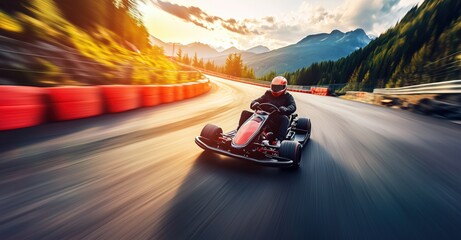 Un homme conduisant un kart électrique sur une route de montagne sinueuse, la lumière du soleil illuminant le paysage.