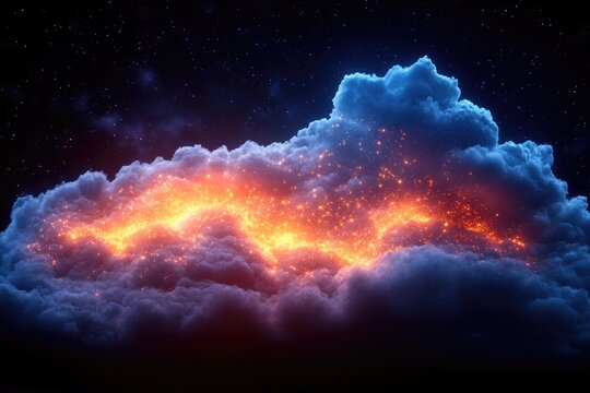 Fiery Embers Dance Within Night Clouds: A Celestial Display of Orange and Blue Hues Across the Starry Canvas, Illuminated by Glowing Particles. Witness the Magical Cosmic Dance of Light and Shadow.