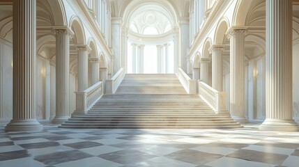 Obraz premium Grand Palace Interior with Majestic Staircase, Classical Architecture with Sunlight, Luxury Palace Hallway