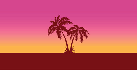 Sunset with beach and palms. Vacation time. Beach and Summer background. Trendy colorful Sunset with palm treess silhouette. Vector illustration. Ideal for print, poster, wallpaper, fabric, fashion.