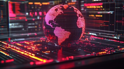 Digital globe on circuit board with data streams in background.
