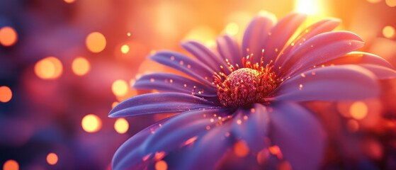 Obraz premium Close-up of a vibrant flower surrounded by soft bokeh lights at sunset, creating a dreamy atmosphere