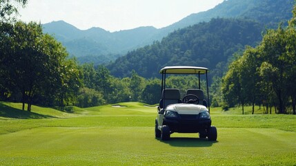 Fototapeta premium Panorama view of Golf Course where the turf is beautiful and green, Golf cart,Golf cart in fairway of golf course,Golf course with a rich green turf beautiful scenery,sport club,copy space.
