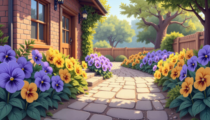 Fototapeta premium Colorful pansies blooming along cozy cottage pathway