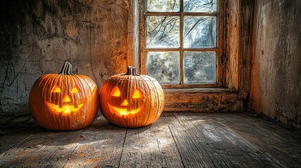Obraz premium Lit Jack-o'-lanterns near window, old room, Halloween.