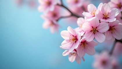 Beautiful sakura cherry tree with tender flowers. Amazing spring blossom on azure blue blurred background. Copy space. spring Sale. Japan