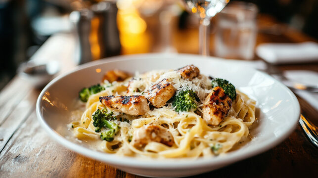 Detailed image of a creamy pasta dish with alfredo sauce, grilled chicken, broccoli, and parmesan cheese served in a white bowl on a wooden table