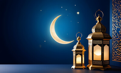 Golden lanterns with candles, and crescent stars on a dark blue background. Perfect for Ramadan, Eid, or festive greeting cards
