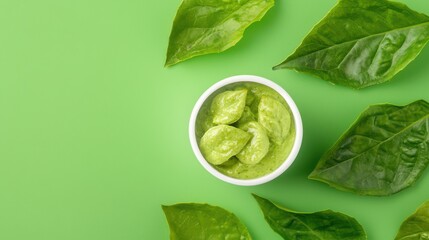 Obraz premium Sustainable indulgence green leaves background food diffused light wide-angle shot copy space