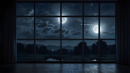Fototapeta premium Window glass in the empty room with moonlight. Generative AI