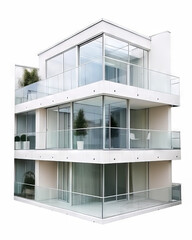 A contemporary duplex with clean lines, large windows, and separate entrances for each unit