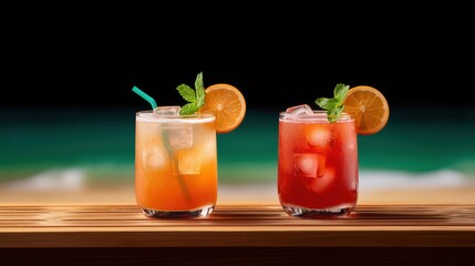 Fototapeta premium Vibrant sunset cocktails on a beach bar tropical ocean view colorful drink