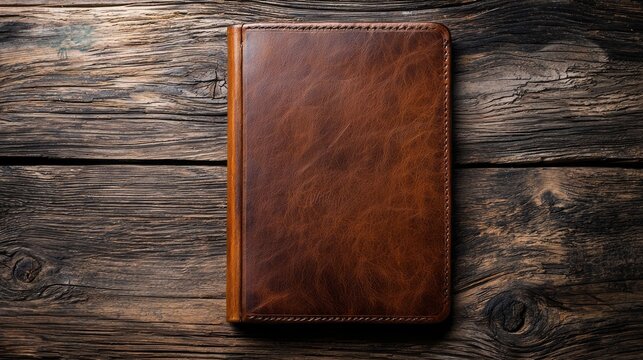 A well-crafted brown leather menu cover lays on a textured wooden surface, suggesting a warm dining atmosphere. Its rich color and fine details enhance the overall experience of culinary exploration