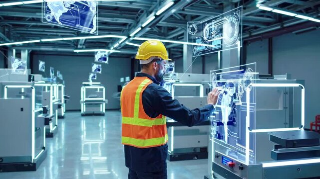Engineer with AR glasses working with holographic interface in an office