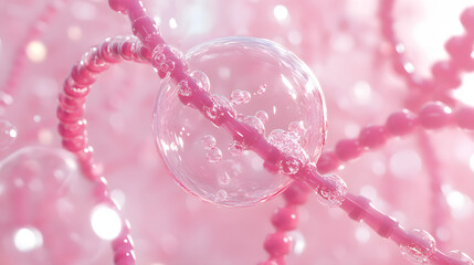 Fototapeta premium Cosmetic Essence, Liquid bubble, Molecule inside Liquid Bubble on DNA water splash background, 3d rendering