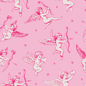 Cute vintage pink and white cupid seamless pattern
