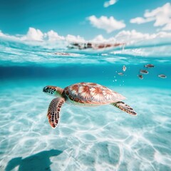 Obraz premium Swimming green sea turtle in crystal clear water underwater photography marine environment serene viewpoint