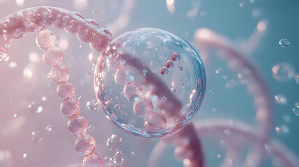 Cosmetic Essence, Liquid bubble, Molecule inside Liquid Bubble on DNA water splash background, 3d rendering