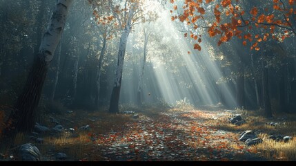 Fototapeta premium Sunlight Through the Autumn Forest Path with Fallen Leaves and Birch Trees