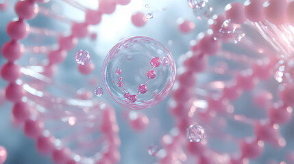 Cosmetic Essence, Liquid bubble, Molecule inside Liquid Bubble on DNA water splash background, 3d rendering