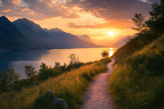 Serene Sunset Over Distant Lake and Mountain Path