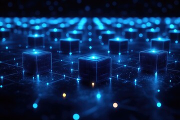 Obraz premium Exploring the Digital Landscape: A Journey Through Networked Cubes, Illuminating Connections and Data Flow in a Futuristic Digital World