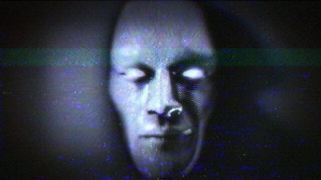 A face emerges from television white noise static with a weak TV signal and noise effects.