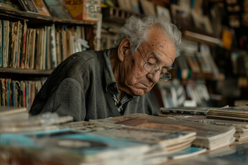 Generative AI image of hipster person in vintage music shop with retro vinyl records and tapes...