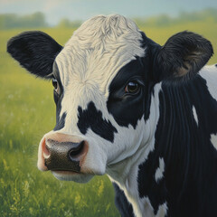 Close-up of black and white cow on green grassy pasture.