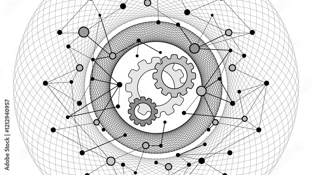 Wall mural abstract fractal circles background for quantum global data management, black lines wireframe, scien